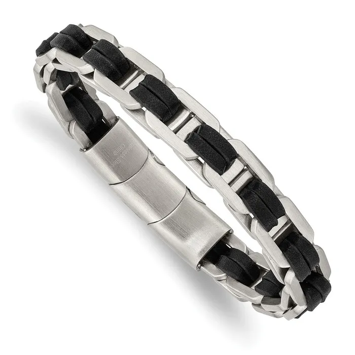 Chisel Stainless Steel Brushed with Black PU Leather 775 inch Bracelet with 5 inch Extension TreasureFineJewelers Bracelets Chisel Stainless Steel Brushed with Black PU Leather 775 inch Bracelet with 5 inch Extension TreasureFineJewelers Bracelets
