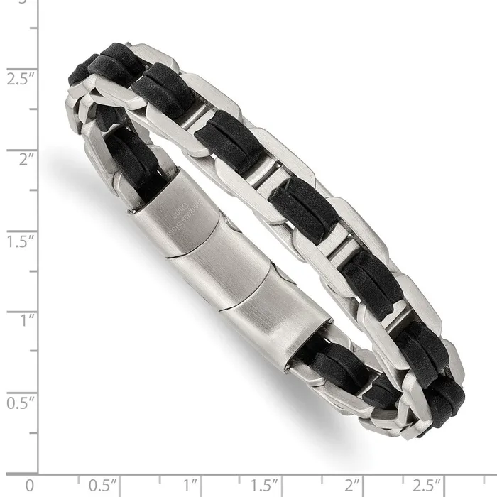 Chisel Stainless Steel Brushed with Black PU Leather 775 inch Bracelet with 5 inch Extension TreasureFineJewelers Bracelets