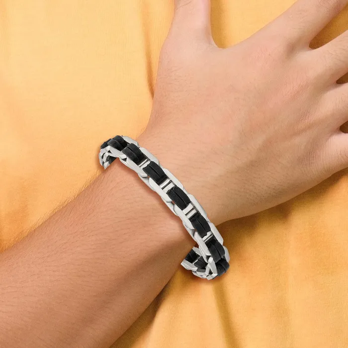 Chisel Stainless Steel Brushed with Black PU Leather 775 inch Bracelet with 5 inch Extension TreasureFineJewelers Bracelets