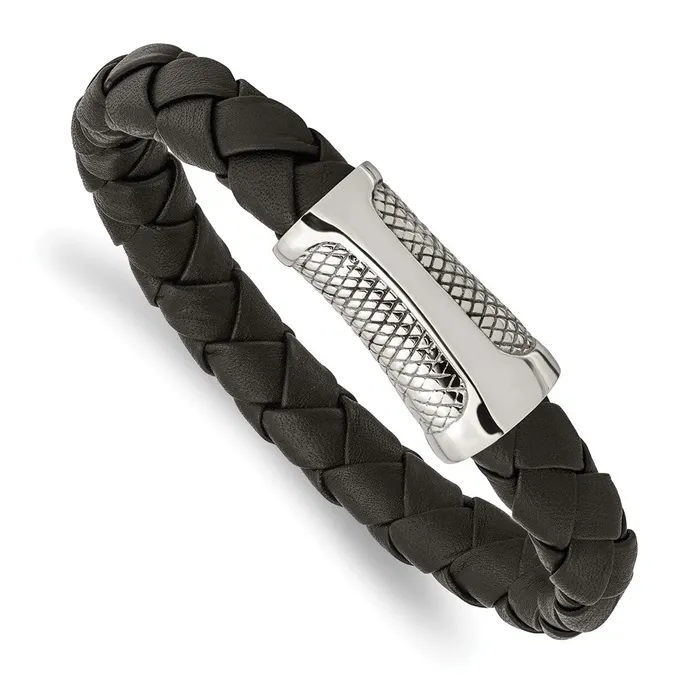 Chisel Stainless Steel Polished and Textured Black Braided Leather 85 inch Bracelet TreasureFineJewelers Bracelets Chisel Stainless Steel Polished and Textured Black Braided Leather 85 inch Bracelet TreasureFineJewelers Bracelets