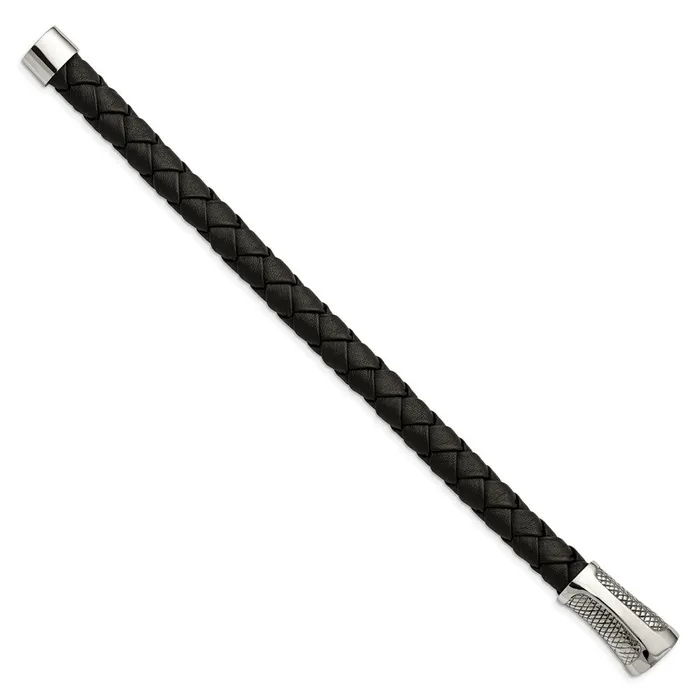 Chisel Stainless Steel Polished and Textured Black Braided Leather 85 inch Bracelet TreasureFineJewelers Bracelets