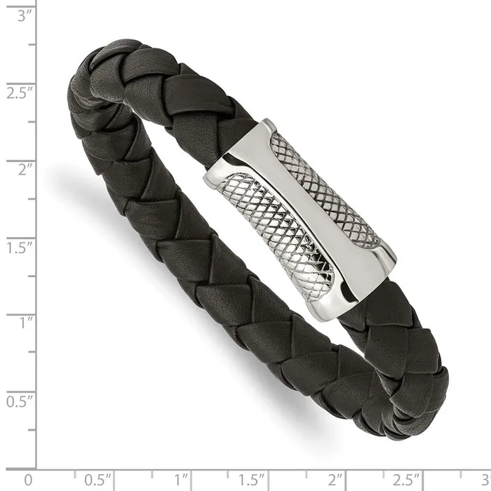 Chisel Stainless Steel Polished and Textured Black Braided Leather 85 inch Bracelet TreasureFineJewelers Bracelets