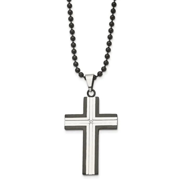 Chisel Stainless Steel Polished Black IPplated Edges with CZ Cross Pendant on a 30 inch Ball Chain Necklace TreasureFineJewelers Necklaces Chisel Stainless Steel Polished Black IPplated Edges with CZ Cross Pendant on a 30 inch Ball Chain Necklace TreasureFineJewelers Necklaces