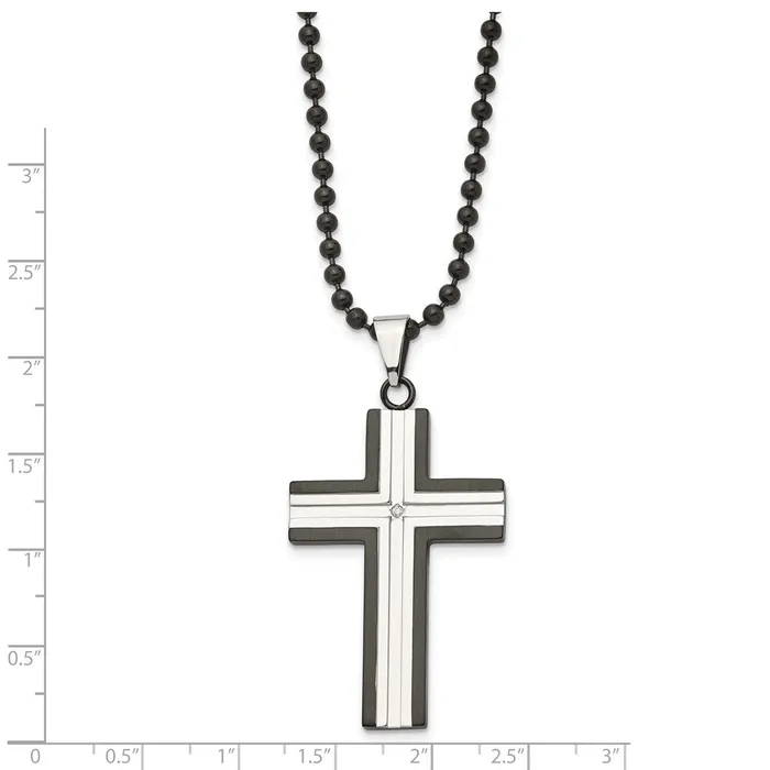 Chisel Stainless Steel Polished Black IPplated Edges with CZ Cross Pendant on a 30 inch Ball Chain Necklace TreasureFineJewelers Necklaces