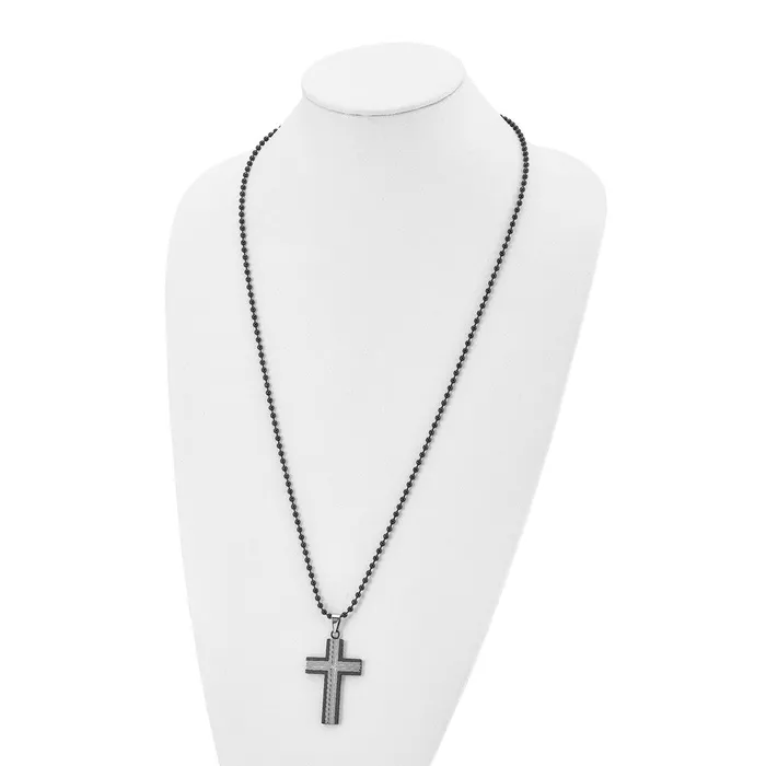 Chisel Stainless Steel Polished Black IPplated Edges with CZ Cross Pendant on a 30 inch Ball Chain Necklace TreasureFineJewelers Necklaces