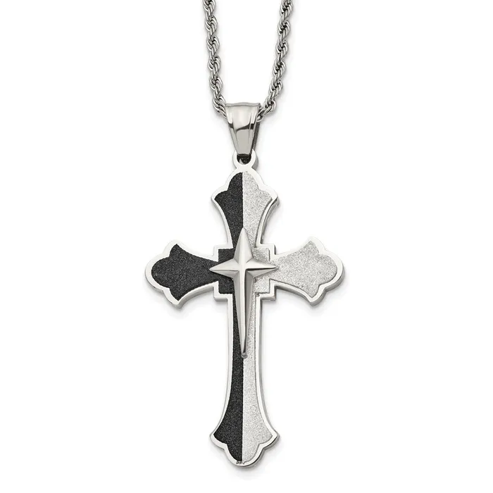 Chisel Stainless Steel Polished Black IPplated Laser Cut Cross Pendant on a 24 inch Rope Chain Necklace TreasureFineJewelers Necklaces Chisel Stainless Steel Polished Black IPplated Laser Cut Cross Pendant on a 24 inch Rope Chain Necklace TreasureFineJewelers Necklaces