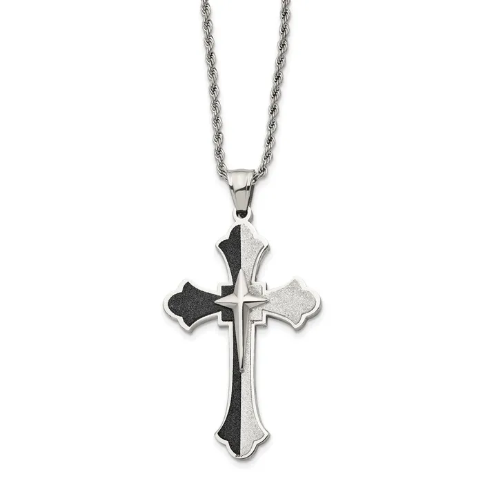 Chisel Stainless Steel Polished Black IPplated Laser Cut Cross Pendant on a 24 inch Rope Chain Necklace TreasureFineJewelers Necklaces