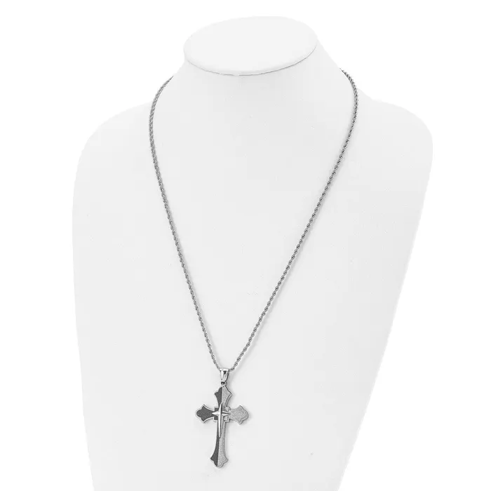 Chisel Stainless Steel Polished Black IPplated Laser Cut Cross Pendant on a 24 inch Rope Chain Necklace TreasureFineJewelers Necklaces