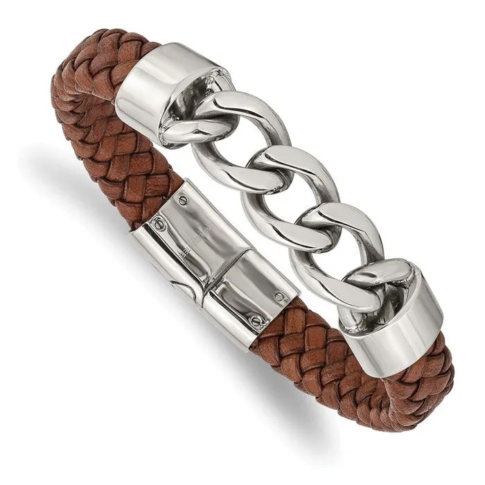 Chisel Stainless Steel Polished Chain and Braided Brown Leather 825 inch Bracelet TreasureFineJewelers Bracelets Chisel Stainless Steel Polished Chain and Braided Brown Leather 825 inch Bracelet TreasureFineJewelers Bracelets