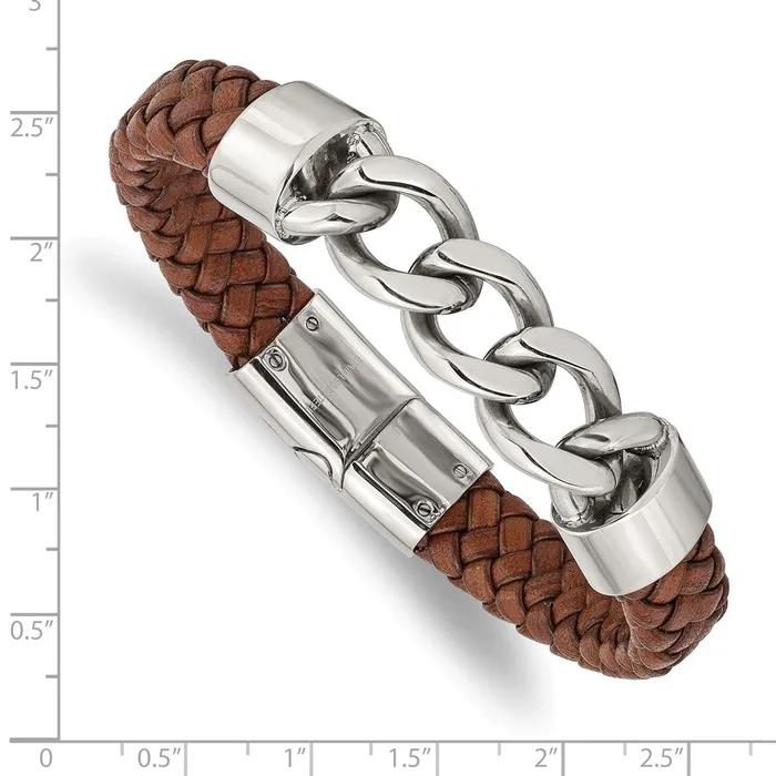 Chisel Stainless Steel Polished Chain and Braided Brown Leather 825 inch Bracelet TreasureFineJewelers Bracelets