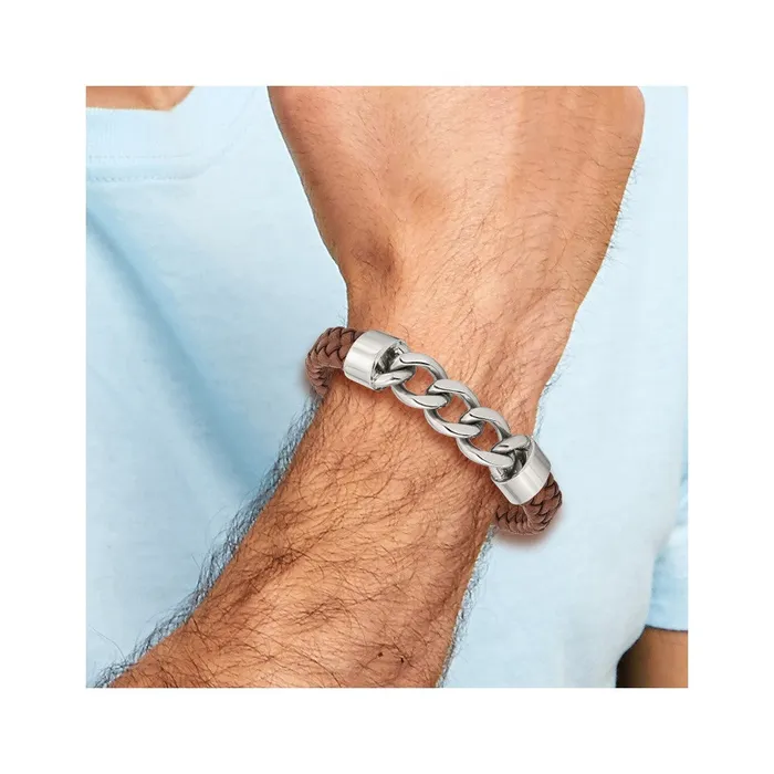 Chisel Stainless Steel Polished Chain and Braided Brown Leather 825 inch Bracelet TreasureFineJewelers Bracelets