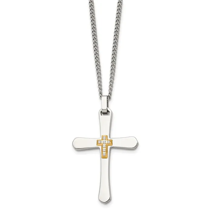 Chisel Stainless Steel Polished with 14k Gold Accent 115 carat Diamond Cross Pendant on a 22 inch Curb Chain Necklace TreasureFineJewelers Necklaces