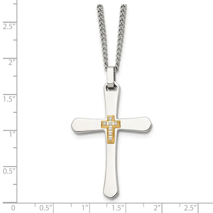 Chisel Stainless Steel Polished with 14k Gold Accent 115 carat Diamond Cross Pendant on a 22 inch Curb Chain Necklace TreasureFineJewelers Necklaces