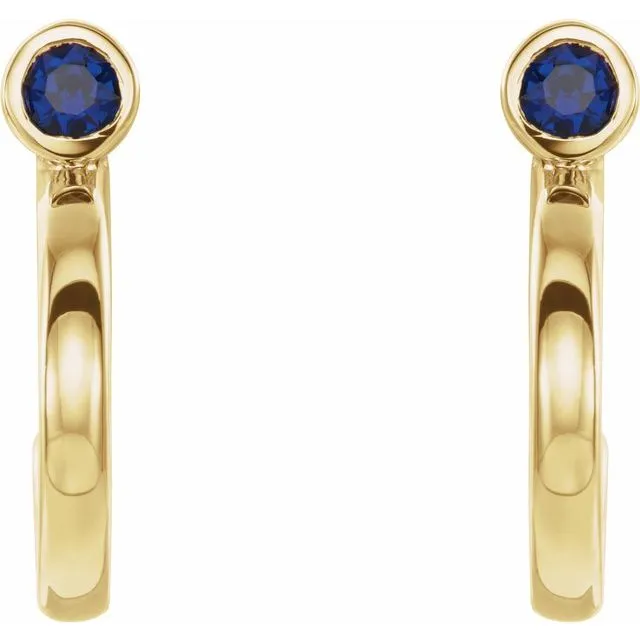Earrings 14K Yellow 25 mm Round Blue Sapphire BezelSet Hoop Earrings TreasureFineJewelers