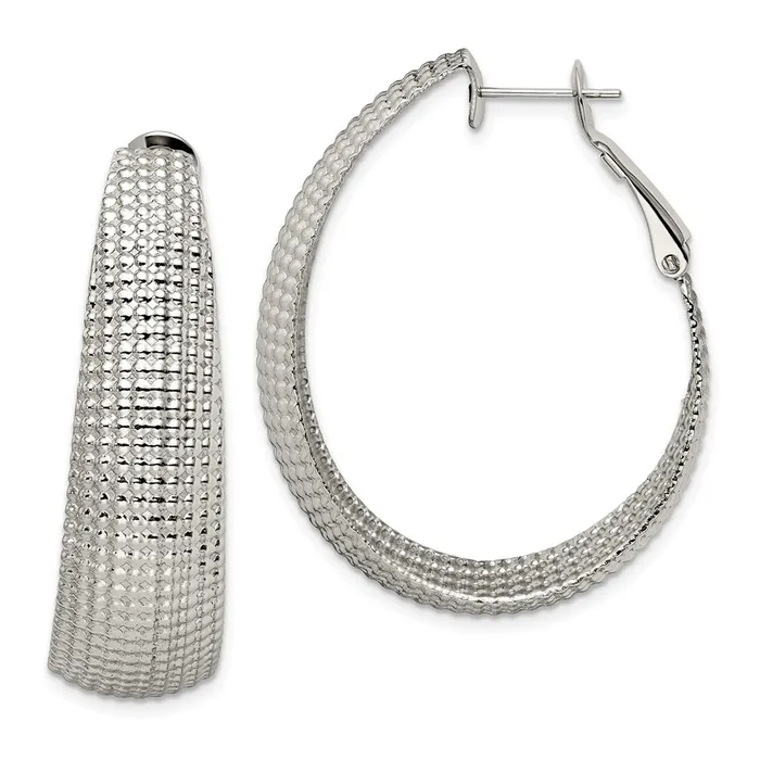 Earrings TreasureFineJewelers Stainless Steel Polished and Textured Oval Omega Back Hoop Earrings Earrings TreasureFineJewelers Stainless Steel Polished and Textured Oval Omega Back Hoop Earrings
