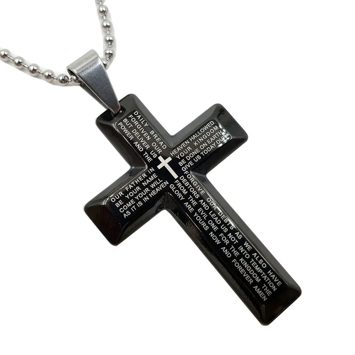 Lords Prayer Cross Necklace Black on Stainless Steel Ball Chain North Arrow Shop Necklaces Lords Prayer Cross Necklace Black on Stainless Steel Ball Chain North Arrow Shop Necklaces