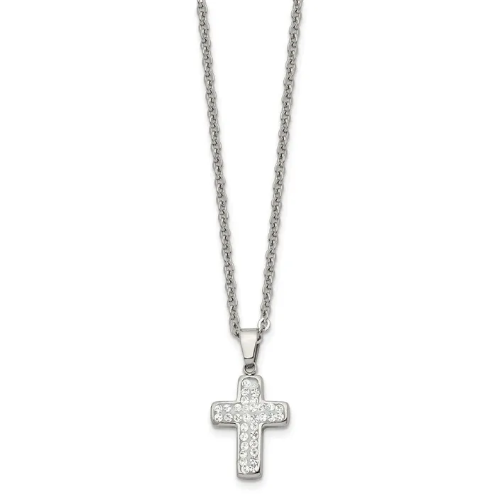 Necklaces Chisel Stainless Steel Polished Crystal Cross Pendant on a 22 inch Cable Chain Necklace TreasureFineJewelers