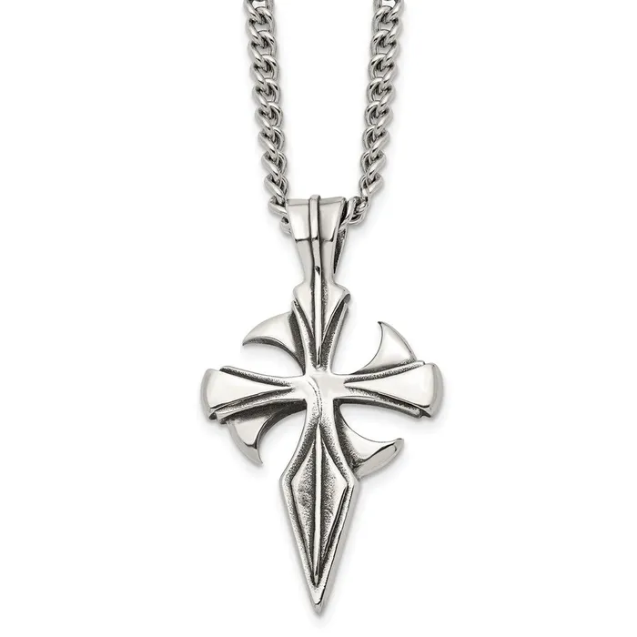 Necklaces TreasureFineJewelers Chisel Stainless Steel Antiqued and Polished Dagger Cross Pendant on a 22 inch Curb Chain Necklace Necklaces TreasureFineJewelers Chisel Stainless Steel Antiqued and Polished Dagger Cross Pendant on a 22 inch Curb Chain Necklace