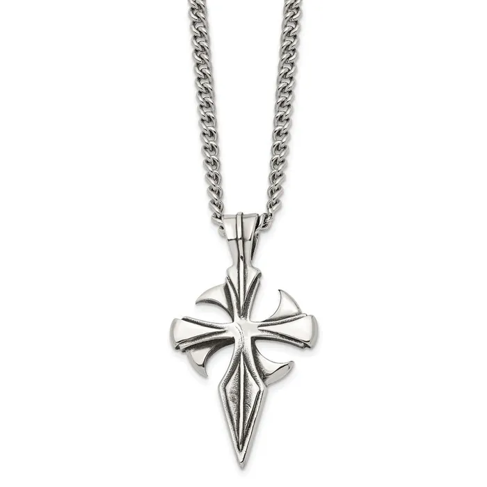 Necklaces TreasureFineJewelers Chisel Stainless Steel Antiqued and Polished Dagger Cross Pendant on a 22 inch Curb Chain Necklace