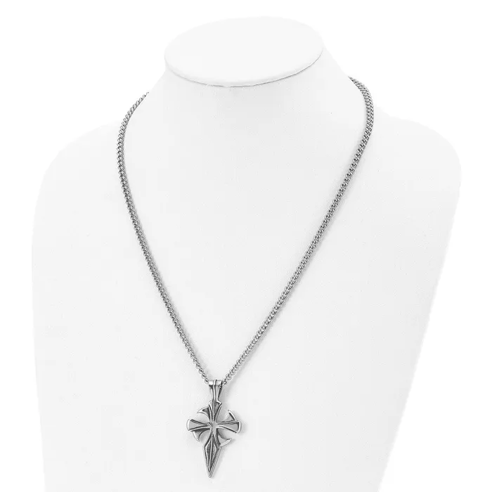 Necklaces TreasureFineJewelers Chisel Stainless Steel Antiqued and Polished Dagger Cross Pendant on a 22 inch Curb Chain Necklace