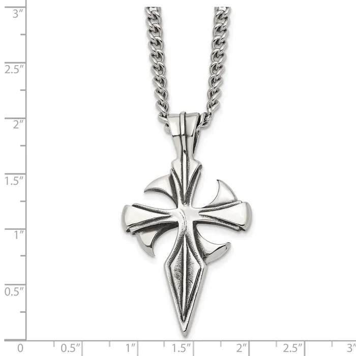 Necklaces TreasureFineJewelers Chisel Stainless Steel Antiqued and Polished Dagger Cross Pendant on a 22 inch Curb Chain Necklace