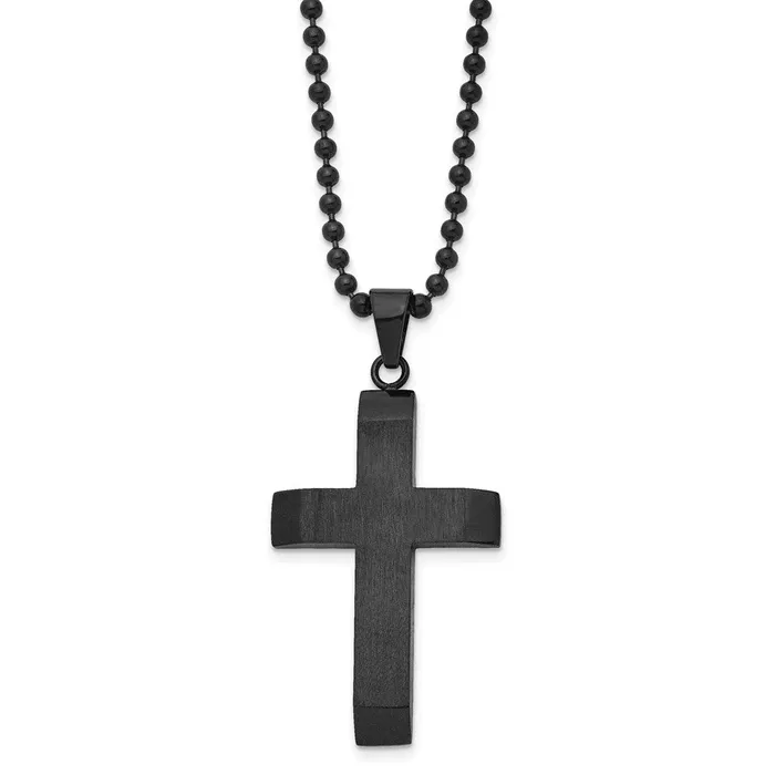 Necklaces TreasureFineJewelers Chisel Stainless Steel Brushed and Polished Black IPplated Cross Pendant on a 24 inch Ball Chain Necklace