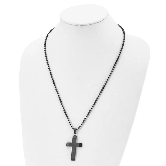 Necklaces TreasureFineJewelers Chisel Stainless Steel Brushed and Polished Black IPplated Cross Pendant on a 24 inch Ball Chain Necklace
