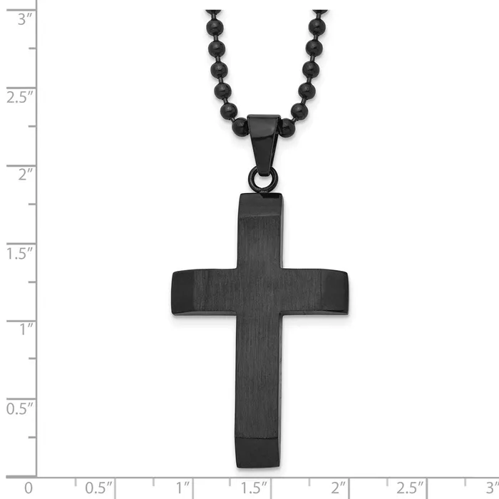 Necklaces TreasureFineJewelers Chisel Stainless Steel Brushed and Polished Black IPplated Cross Pendant on a 24 inch Ball Chain Necklace