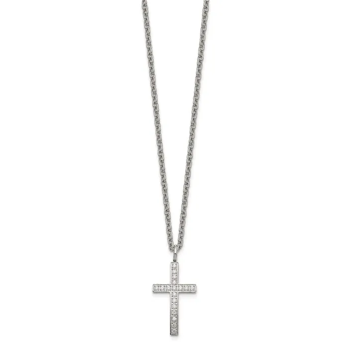 Necklaces TreasureFineJewelers Chisel Stainless Steel Polished CZ Cross Pendant on a 20 inch Cable Chain Necklace