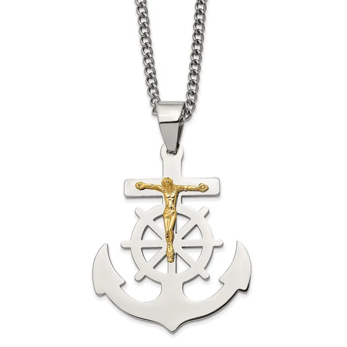 Necklaces TreasureFineJewelers Chisel Stainless Steel Polished Yellow IPplated Mariners Cross Pendant on a 24 inch Curb Chain Necklace Necklaces TreasureFineJewelers Chisel Stainless Steel Polished Yellow IPplated Mariners Cross Pendant on a 24 inch Curb Chain Necklace