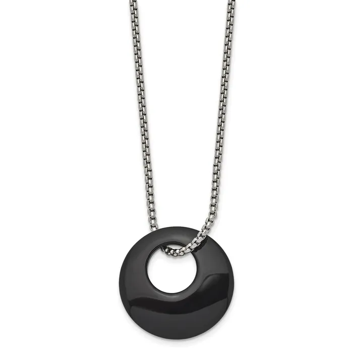 Necklaces TreasureFineJewelers Stainless Steel Polished wBlack Onyx Circle 18in Necklace