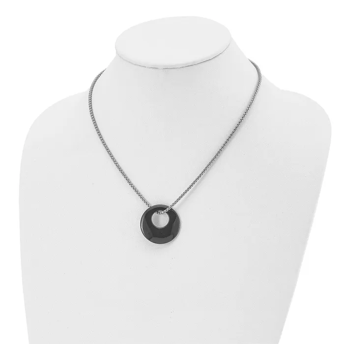 Necklaces TreasureFineJewelers Stainless Steel Polished wBlack Onyx Circle 18in Necklace