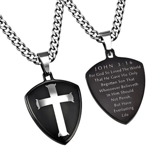 North Arrow Shop Necklaces Cross and Shield John 316 Necklace Bible Verse Steel Curb Chain North Arrow Shop Necklaces Cross and Shield John 316 Necklace Bible Verse Steel Curb Chain