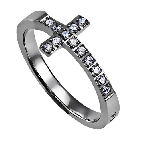 North Arrow Shop WALK BY FAITH Ring Bible Verse Sideways Cross Stainless Steel with Clear CZ Stones Rings North Arrow Shop WALK BY FAITH Ring Bible Verse Sideways Cross Stainless Steel with Clear CZ Stones Rings