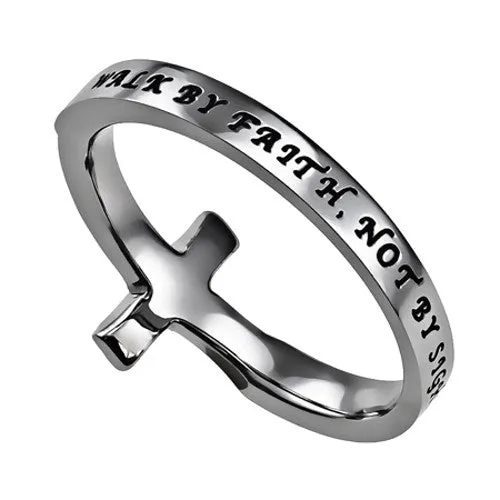 North Arrow Shop WALK BY FAITH Ring Bible Verse Sideways Cross Stainless Steel with Clear CZ Stones Rings