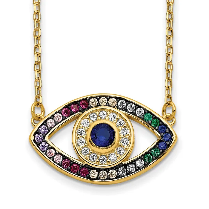 Prizma Sterling Silver Goldtone 14K Flash Goldplated 16 inch Colorful CZ Evil Eye Necklace with 2 inch Extender TreasureFineJewelers Necklaces Prizma Sterling Silver Goldtone 14K Flash Goldplated 16 inch Colorful CZ Evil Eye Necklace with 2 inch Extender TreasureFineJewelers Necklaces