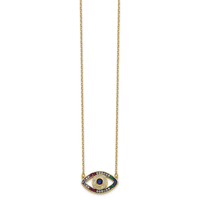 Prizma Sterling Silver Goldtone 14K Flash Goldplated 16 inch Colorful CZ Evil Eye Necklace with 2 inch Extender TreasureFineJewelers Necklaces