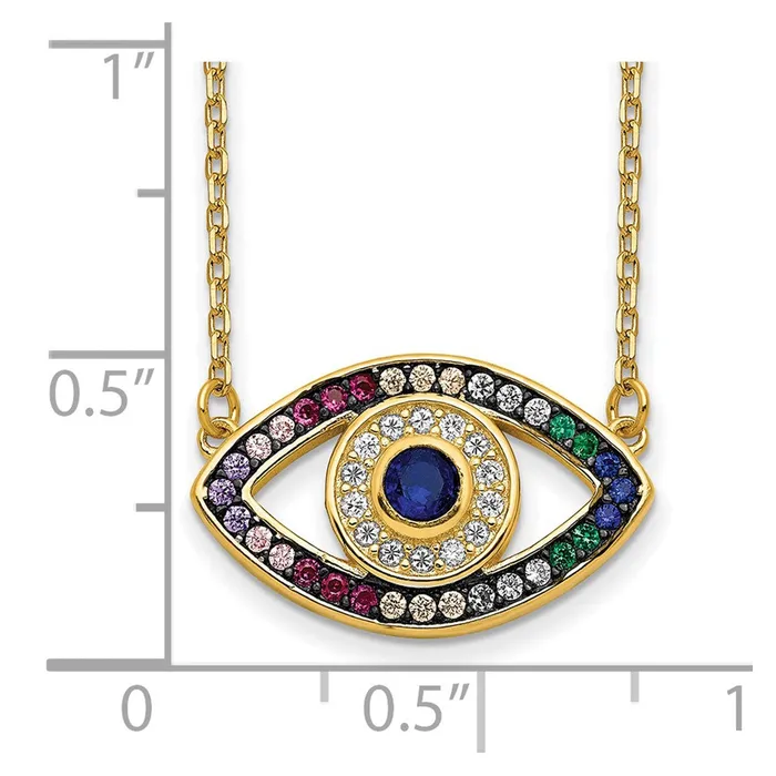 Prizma Sterling Silver Goldtone 14K Flash Goldplated 16 inch Colorful CZ Evil Eye Necklace with 2 inch Extender TreasureFineJewelers Necklaces