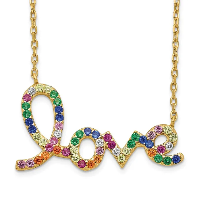 Prizma Sterling Silver Goldtone 14K Flash Goldplated 16 inch Colorful CZ LOVE Necklace with 2 inch Extender TreasureFineJewelers Necklaces Prizma Sterling Silver Goldtone 14K Flash Goldplated 16 inch Colorful CZ LOVE Necklace with 2 inch Extender TreasureFineJewelers Necklaces