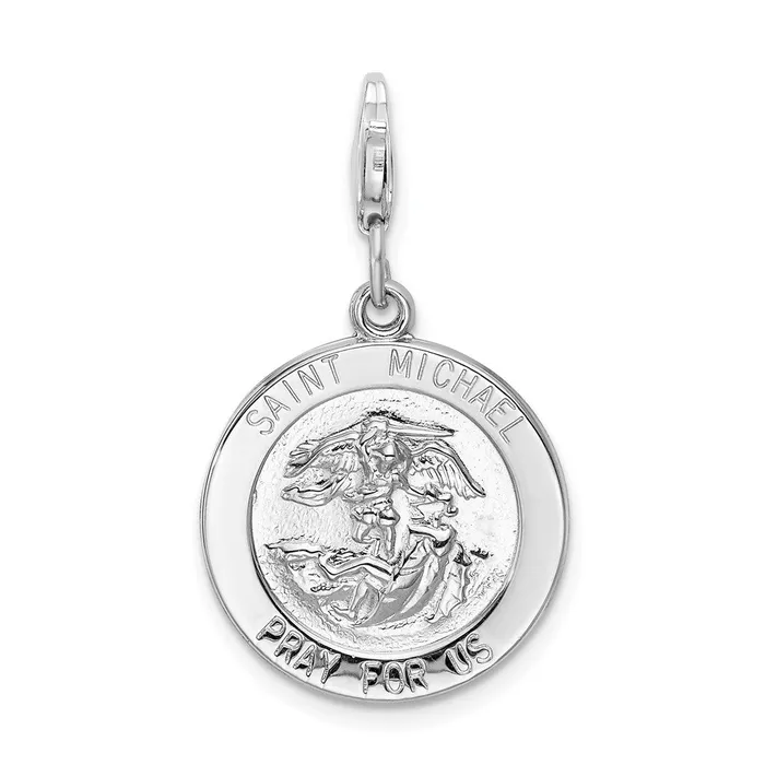 Rings Amore La Vita Sterling Silver Rhodiumplated Polished Saint Michael Medal Charm with Fancy Lobster Clasp TreasureFineJewelers
