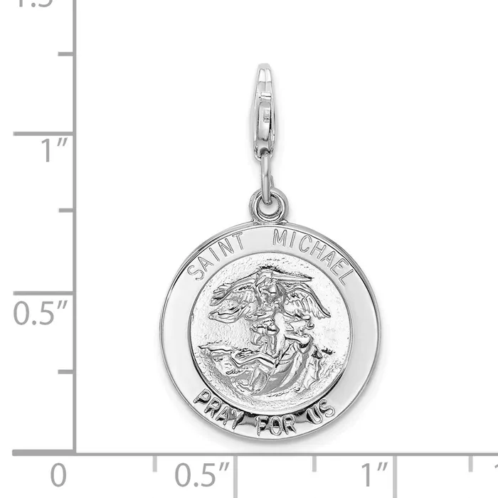 Rings Amore La Vita Sterling Silver Rhodiumplated Polished Saint Michael Medal Charm with Fancy Lobster Clasp TreasureFineJewelers
