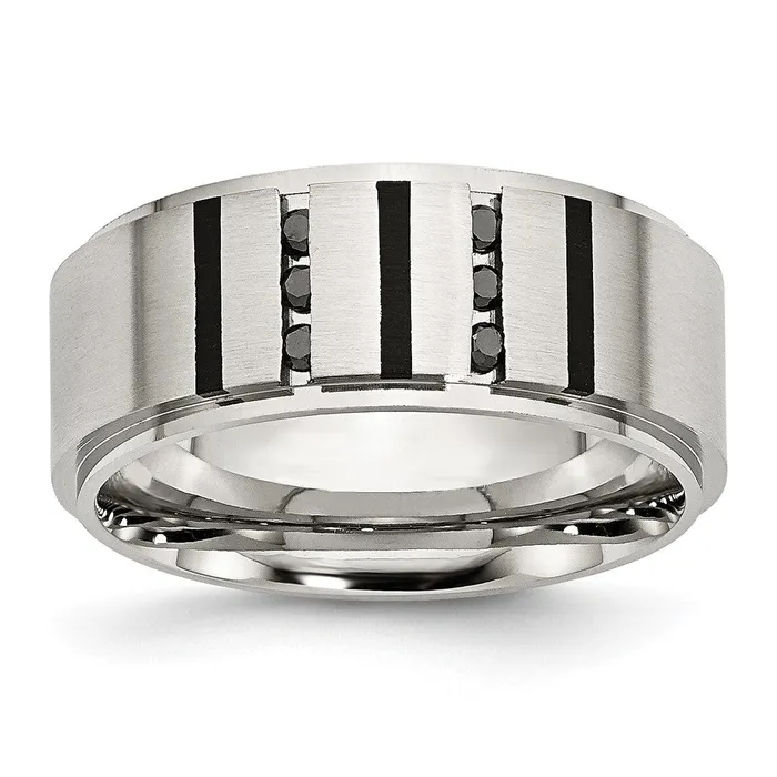 Rings Stainless Steel Brushed Center Black IPplated 16ct Diamond 9mm Band TreasureFineJewelers Rings Stainless Steel Brushed Center Black IPplated 16ct Diamond 9mm Band TreasureFineJewelers