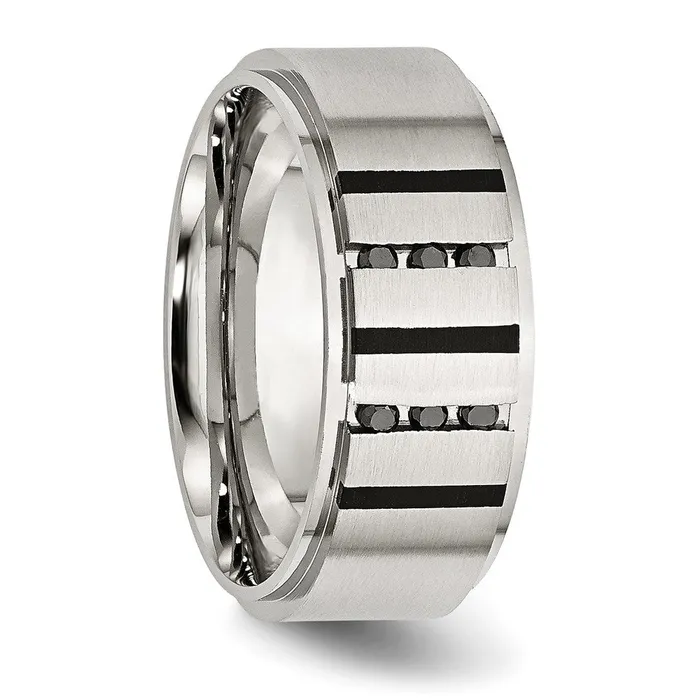Rings Stainless Steel Brushed Center Black IPplated 16ct Diamond 9mm Band TreasureFineJewelers