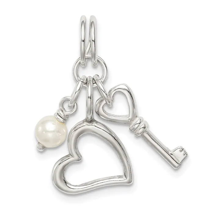 Rings TreasureFineJewelers Sterling Silver Polished Key and Heart wSimulated Pearl Charm Rings TreasureFineJewelers Sterling Silver Polished Key and Heart wSimulated Pearl Charm