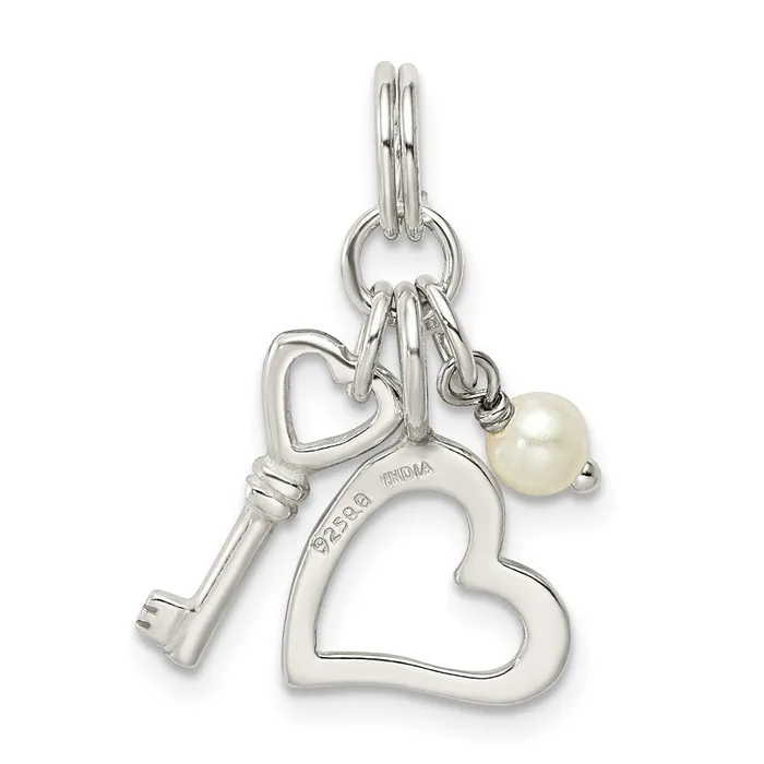 Rings TreasureFineJewelers Sterling Silver Polished Key and Heart wSimulated Pearl Charm
