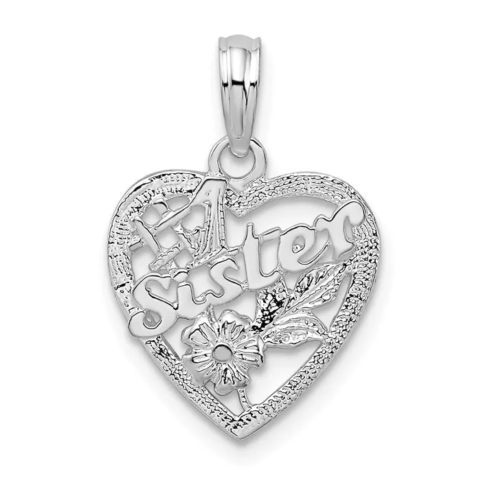 Sterling Silver Polished 1 Sister wFlower Heart Pendant TreasureFineJewelers Necklaces Sterling Silver Polished 1 Sister wFlower Heart Pendant TreasureFineJewelers Necklaces
