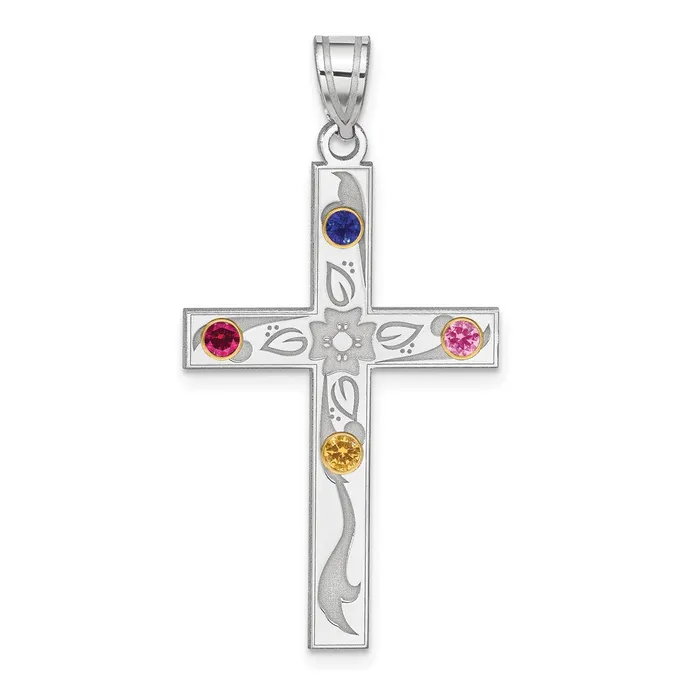 Sterling Silver Rhplt18k Bezel Crystal Family Cross Pendant TreasureFineJewelers Necklaces Sterling Silver Rhplt18k Bezel Crystal Family Cross Pendant TreasureFineJewelers Necklaces