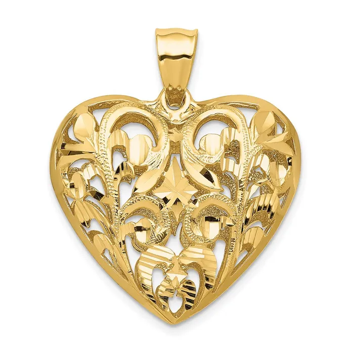 TreasureFineJewelers 14K Polished Diamondcut Filigree 3D Heart Pendant Necklaces TreasureFineJewelers 14K Polished Diamondcut Filigree 3D Heart Pendant Necklaces