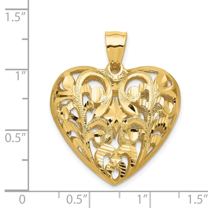 TreasureFineJewelers 14K Polished Diamondcut Filigree 3D Heart Pendant Necklaces