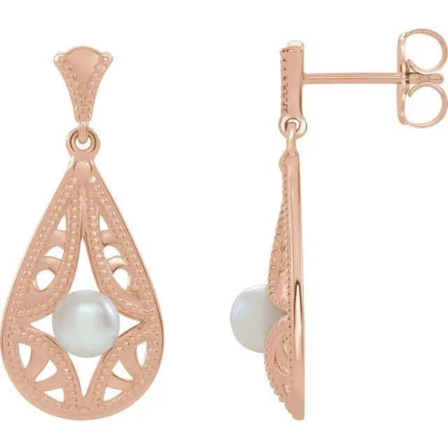 TreasureFineJewelers 14K Rose Gold Freshwater Cultured Pearl VintageInspired Earrings Earrings